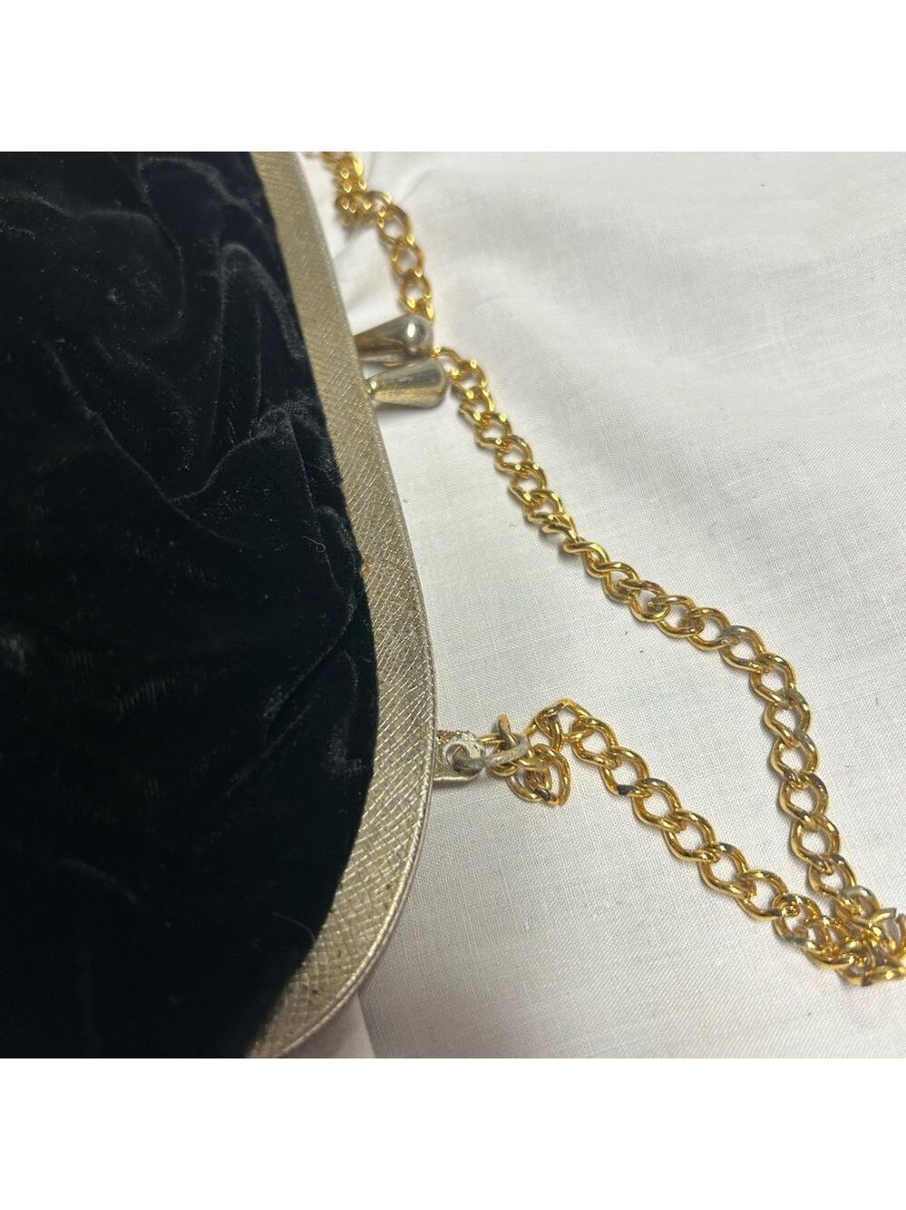 Vintage Black Velvet Purse Gold Color Strap 1960s Evening Bag - Picture 7 of 10